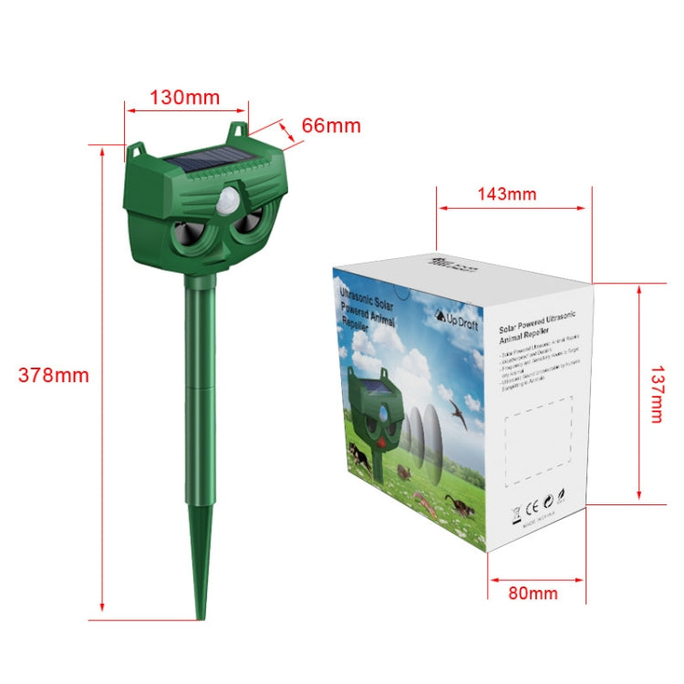 Green outdoor solar animal repellent device with dimensions and product box shown