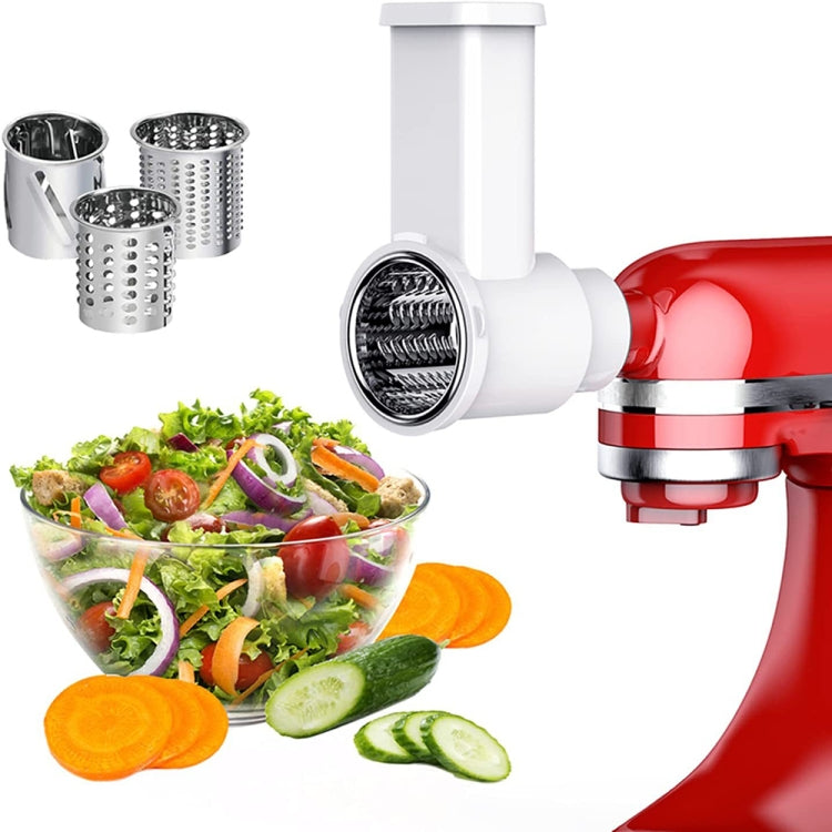 3-in-1 vegetable cutter/grater attachment with red mixer body and white chute, KA-006