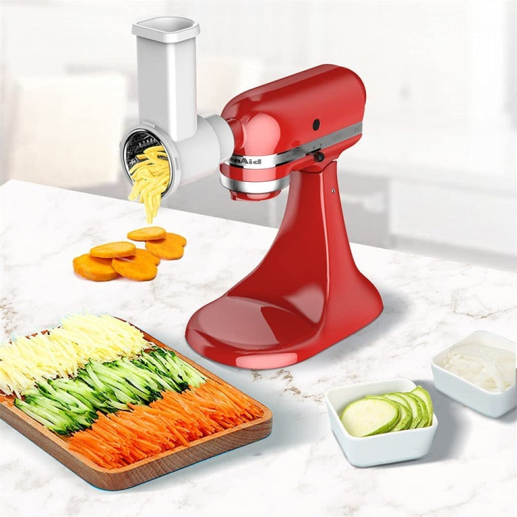3-in-1 vegetable slicer attachment on red stand mixer, white chute and drum, KA-006
