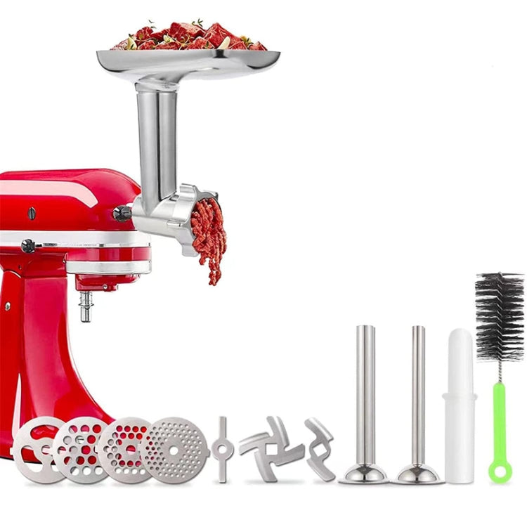 Stand mixer meat grinder attachment with feed tray, grinding nozzle, and included parts