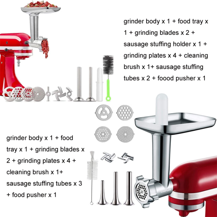 Meat grinder accessory set with feed tray, grinding plates, blades, cleaning brush, tubes