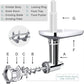 Meat grinder attachment diagram showing feed tray, locking ring, and grinding worm parts