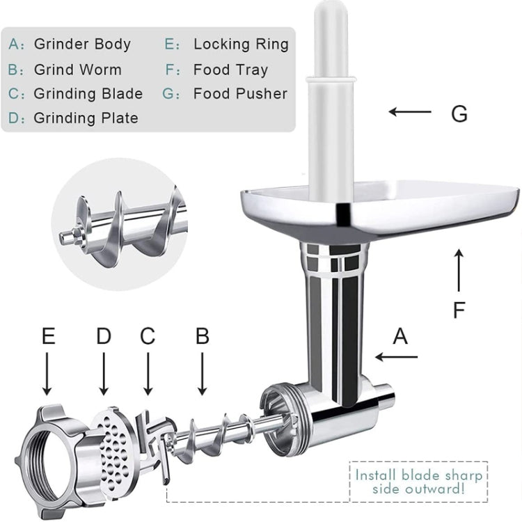 Meat grinder attachment diagram showing feed tray, locking ring, and grinding worm parts