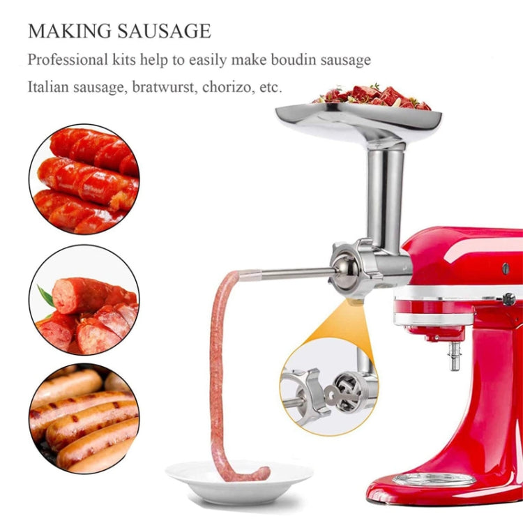 Meat grinder with sausage stuffing horn and stand mixer attachment, with sausage links