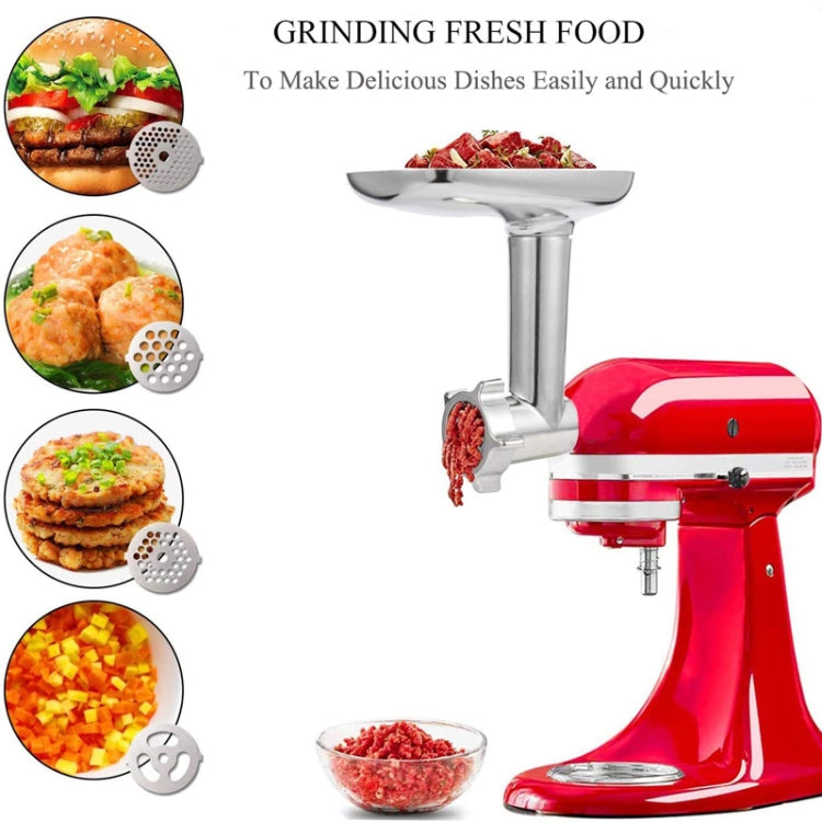 Meat grinder attachment with feed tray and grinding discs, plus bowls of raw ingredients