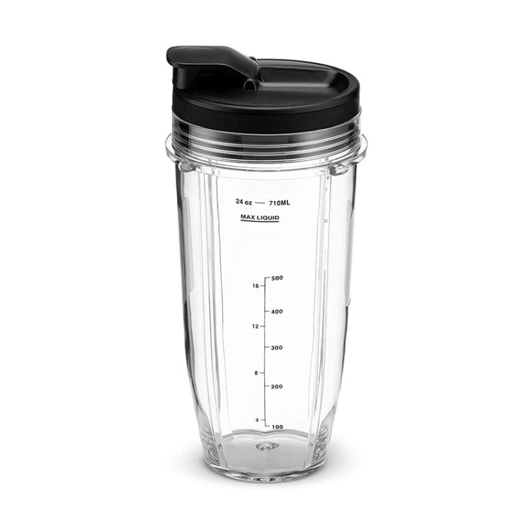 Clear 710 mL blender cup mug with black lid, screw-ring base, and measurement scale