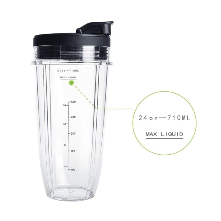 Clear 710 mL blender cup mug with black lid and visible max liquid measurement markings