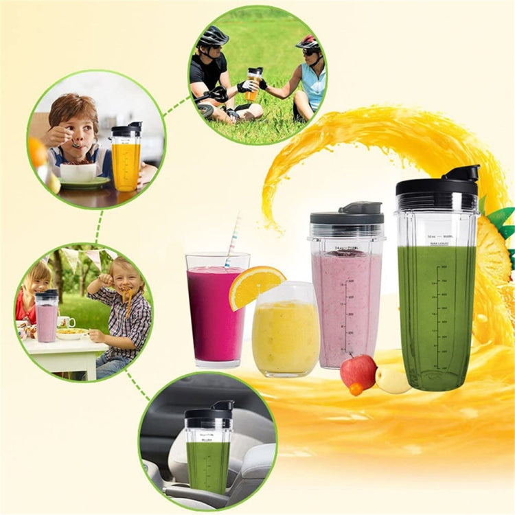Multiple clear blender cup mugs with black lids and measurement markings in assorted colors