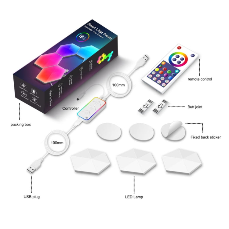 RGB hexagon LED wall light kit box with USB plug, controller, and color remote