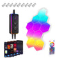 RGB hexagon LED wall light kit with glowing multicolor hex panels, controller, and remote