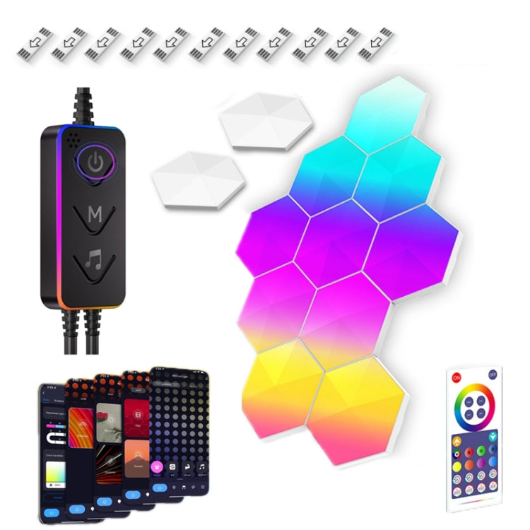 RGB hexagon LED wall light kit with controller, loose white hex mounts, and remote