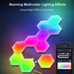RGB hexagon LED wall light panel with multicolor glow, controlled by app interface