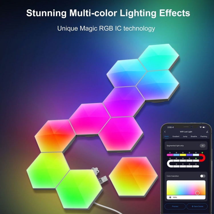 RGB hexagon LED wall light panel with multicolor glow, controlled by app interface
