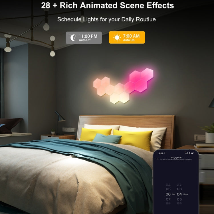 Hexagon smart wall lights with multi-color glow on a wall above a bed