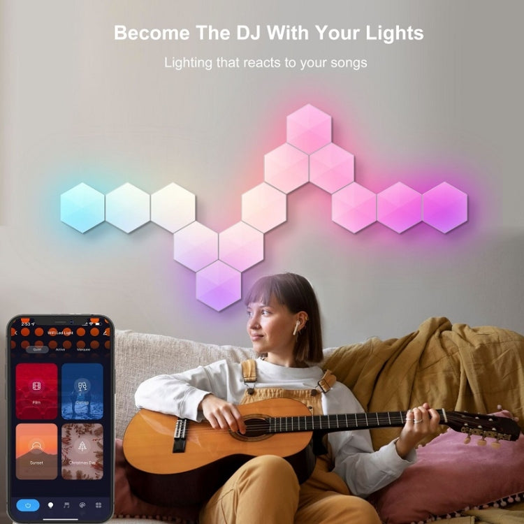 Hexagon smart wall lights with blue and pink glow reacting to music beats