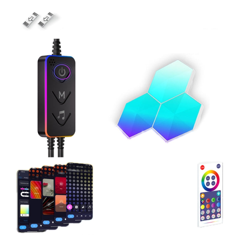RGB hexagon LED wall light kit with black controller, small glowing hex tiles, and remote