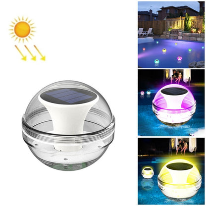 Solar floating pool light with clear globe base and white solar panel top