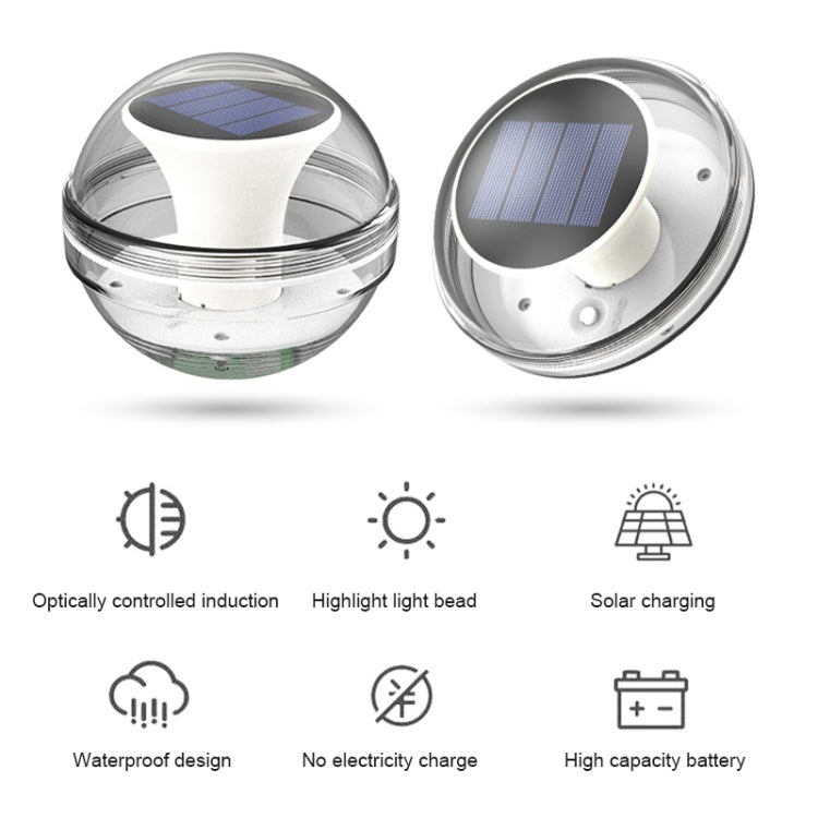 Solar floating pool light set, clear domes with white solar panel tops, two angles