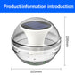 Solar floating pool light with white cap and solar panel, transparent spherical housing