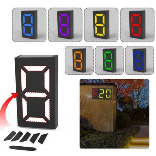 Outdoor solar number doorplate lamp showing LED digits in multiple colors
