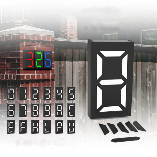 Outdoor solar number doorplate lamp with bright white digit outline on black frame