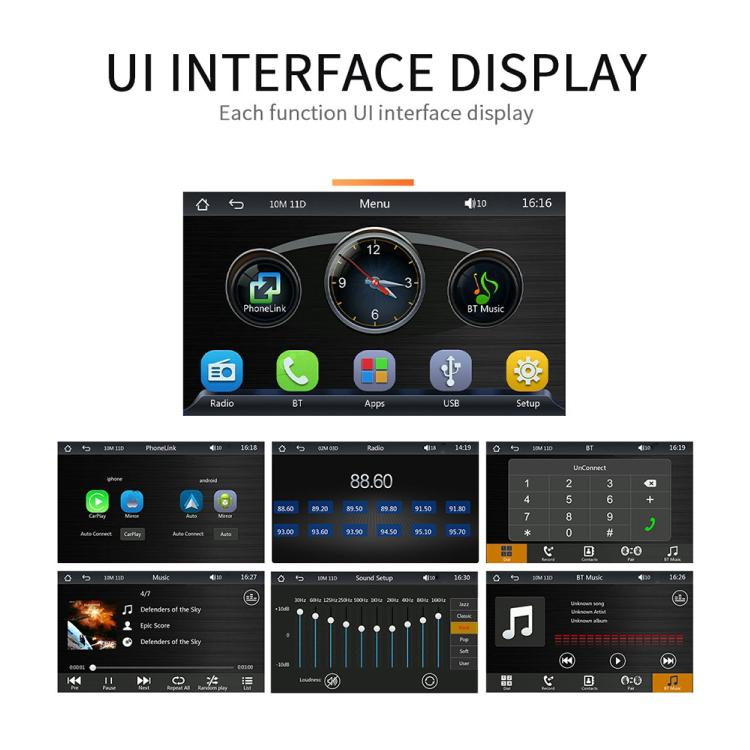 7-inch car MP5 player touchscreen display with menu icons and controls