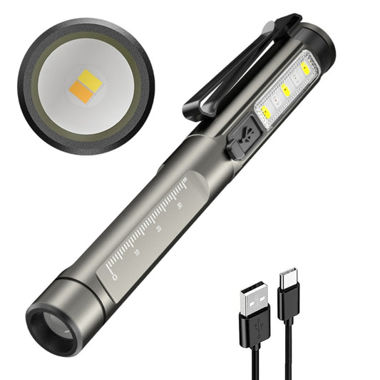 Rechargeable medical penlight flashlight with round lens and yellow-white LED head
