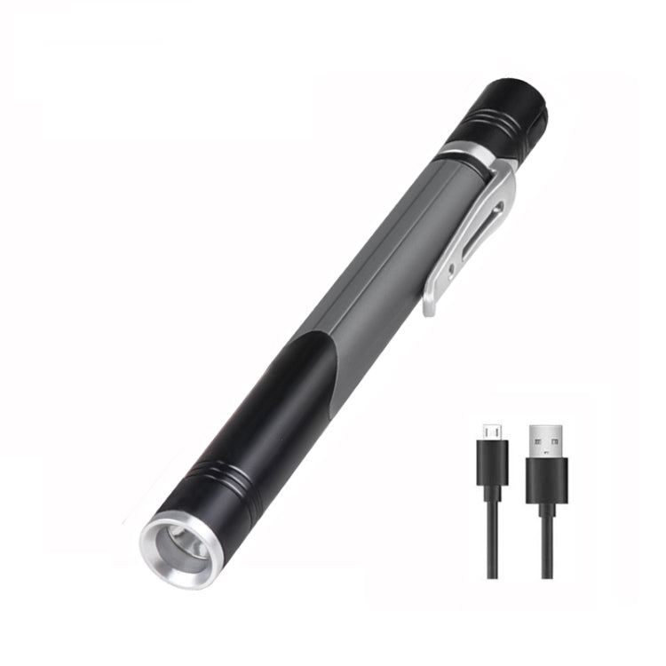 Mini pen LED flashlight, dark gray body with black end cap and clip
