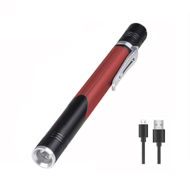 Mini pen LED flashlight, red body with black end cap and side clip