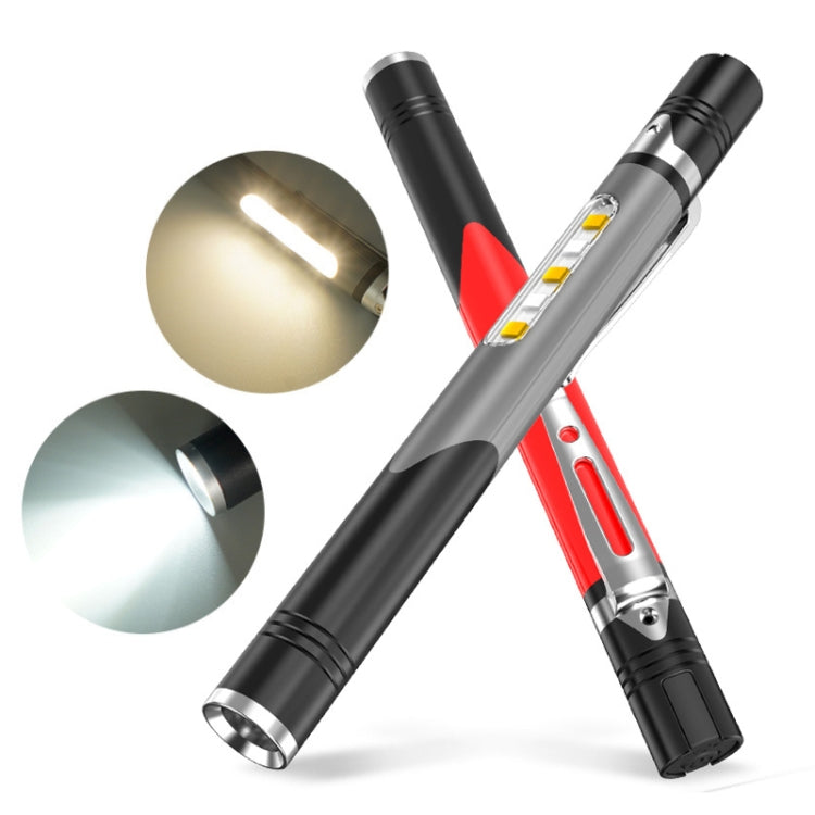 Two mini pen LED flashlights with black tips and silver rings, grey and red