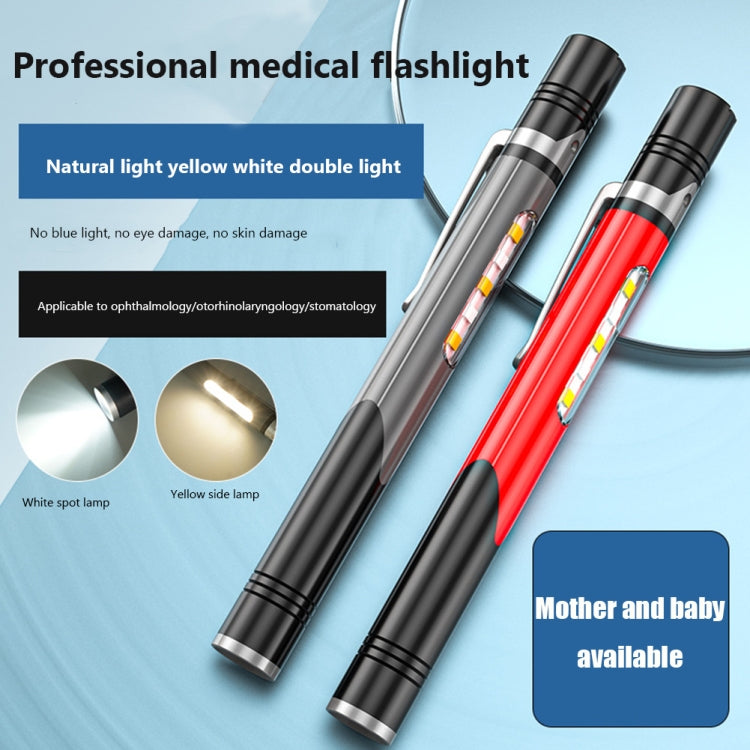Pair of mini pen LED flashlights with black ends, grey and red bodies