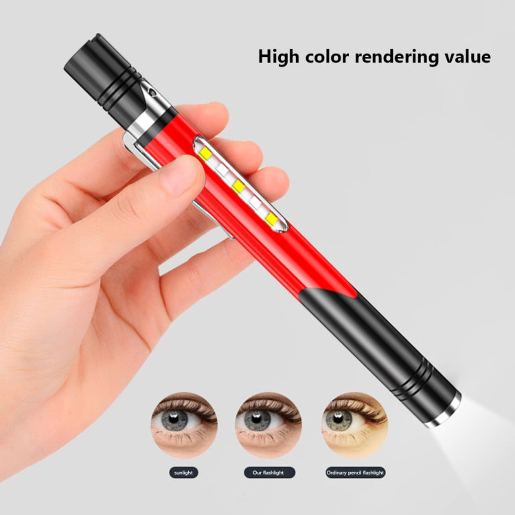Handheld mini pen LED flashlight, bright red with black grip and silver ring