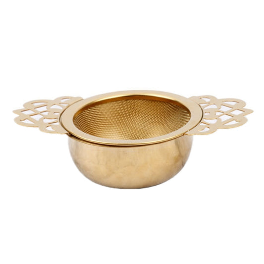 Gold 304 stainless steel tea filter with decorative border, fine mesh bowl