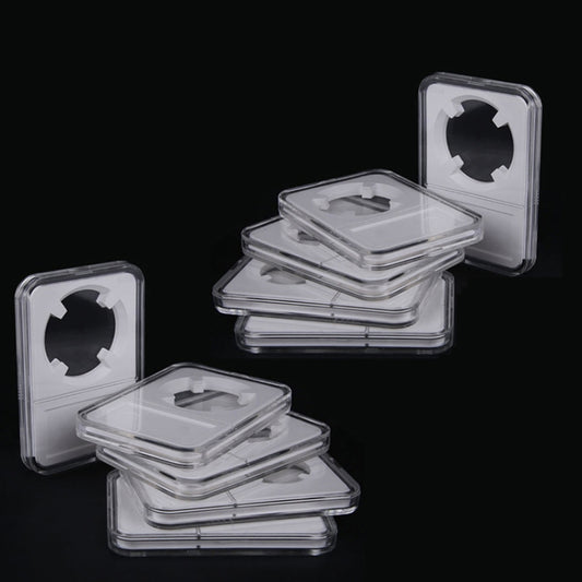 Clear white coin identification rating box with stacked holders and circular coin cutout