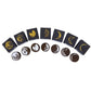 Moon phase wooden stamp set with multiple square and circular stamps, gold and white moon icons