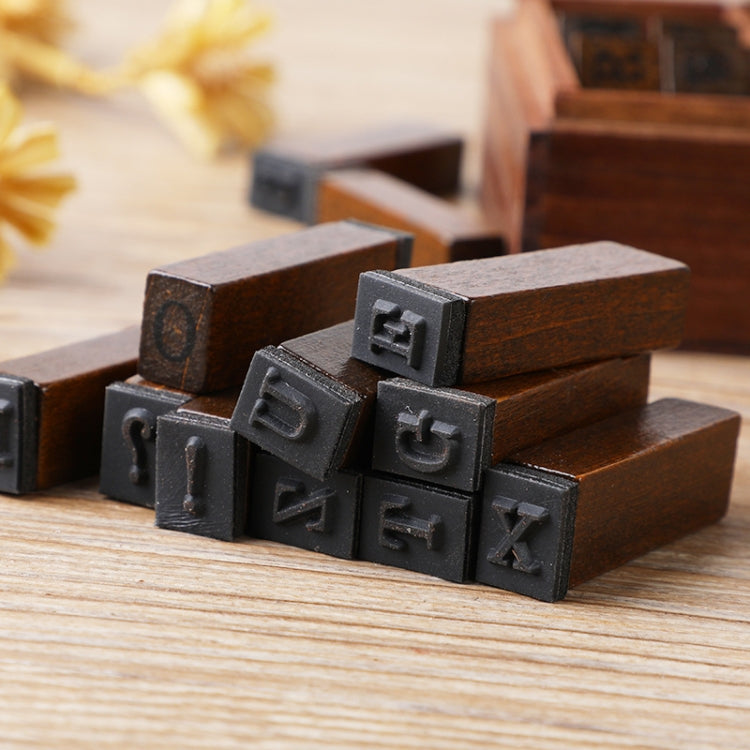 Close-up of wooden letter stamp blocks with dark square imprint faces