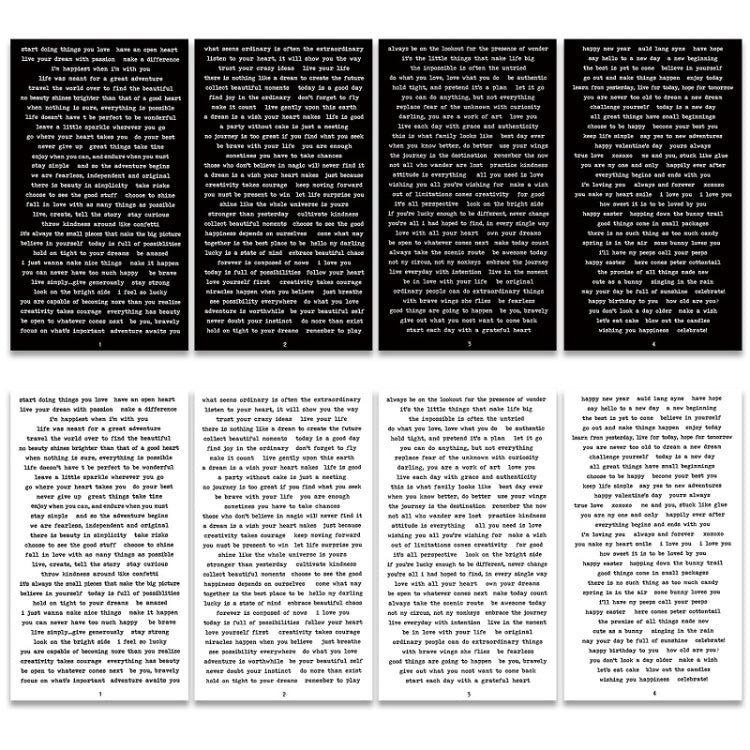 Vintage text sticker sheets, black serif print on white paper, multiple pieces
