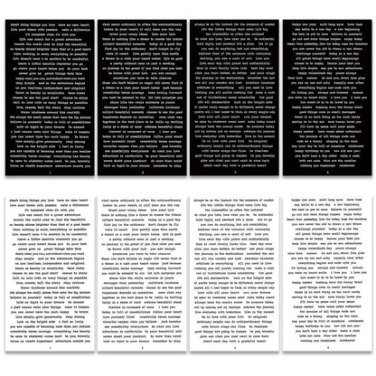 Vintage text sticker sheets, black serif print on white paper, multiple pieces