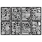 Black vintage sticker sheets with white typographic shapes and decorative symbols