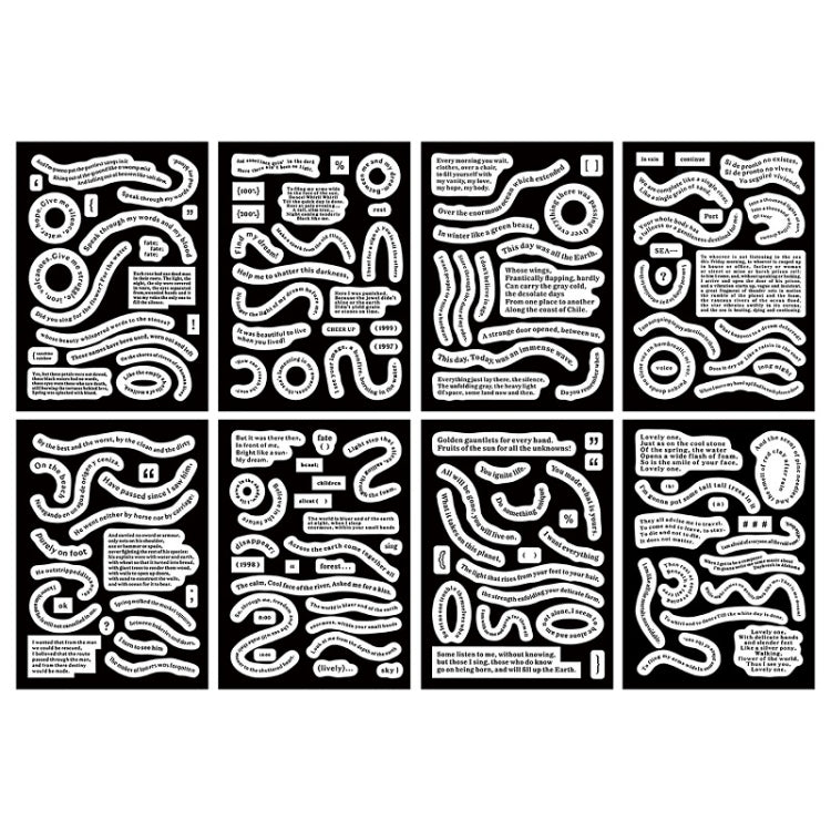 Black vintage sticker sheets with white typographic shapes and decorative symbols