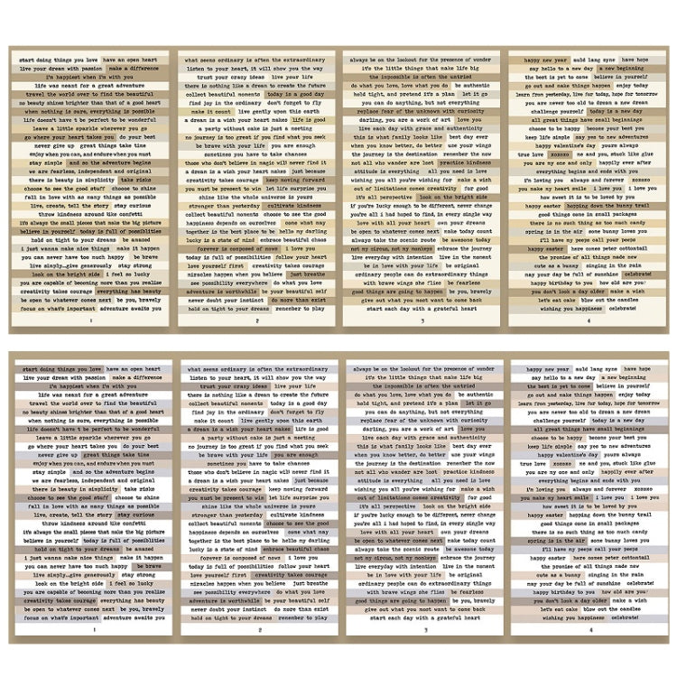 Vintage text sticker sheets, beige paper with black serif quotes, multiple panels