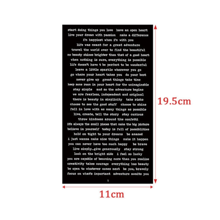 Vintage quote sticker sheet with size labels 11cm by 19.5cm