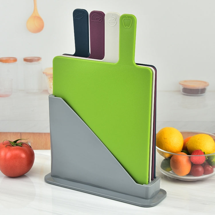 4-piece plastic cutting board set with green, gray, navy, and maroon boards