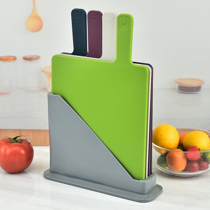 4-piece plastic cutting board set with green, gray, navy, and maroon boards