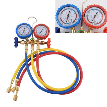Dual gauge AC refrigeration valve set with brass manifold and blue/red gauges, with hoses