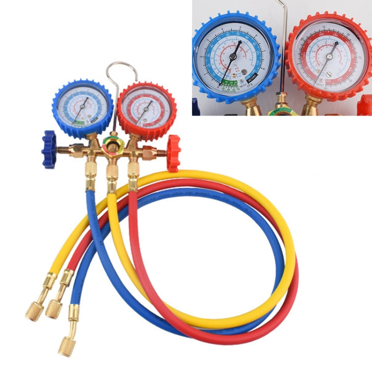 AC refrigeration double meter valve set with blue and red gauges and multi-color hoses