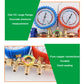 Brass AC refrigeration manifold with valves and two pressure gauges, with copper tubing ports