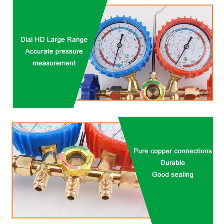 Brass AC refrigeration manifold with valves and two pressure gauges, with copper tubing ports