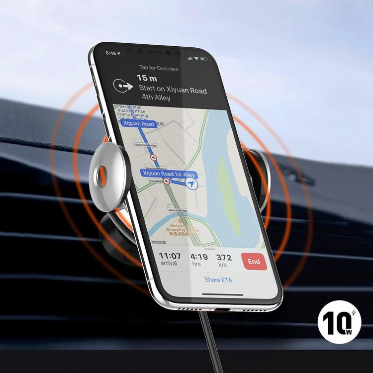 Car wireless charger mount with infrared sensor holding a phone showing navigation map screen