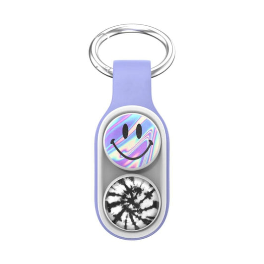 Purple magnetic buckle keychain toy with two circular pop pads and smiley graphic.